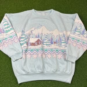 Vintage 80s 90s Womens Blue Winter Wonderland Cabin Ugly Sweater Sz 2XL